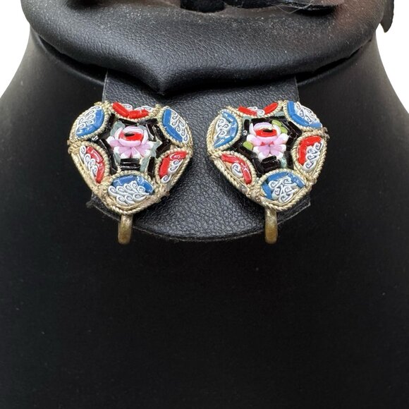 Vtg Heart Shaped Micro Mosaic Glass Italy Screw Back Earrings Huggie Victorian - Picture 2 of 6